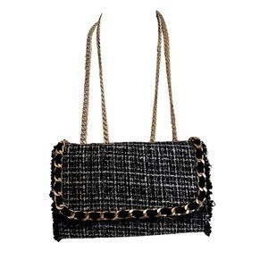 Chico's Black and White Houndstooth Purse Bag with Gold Chain Small NWOT